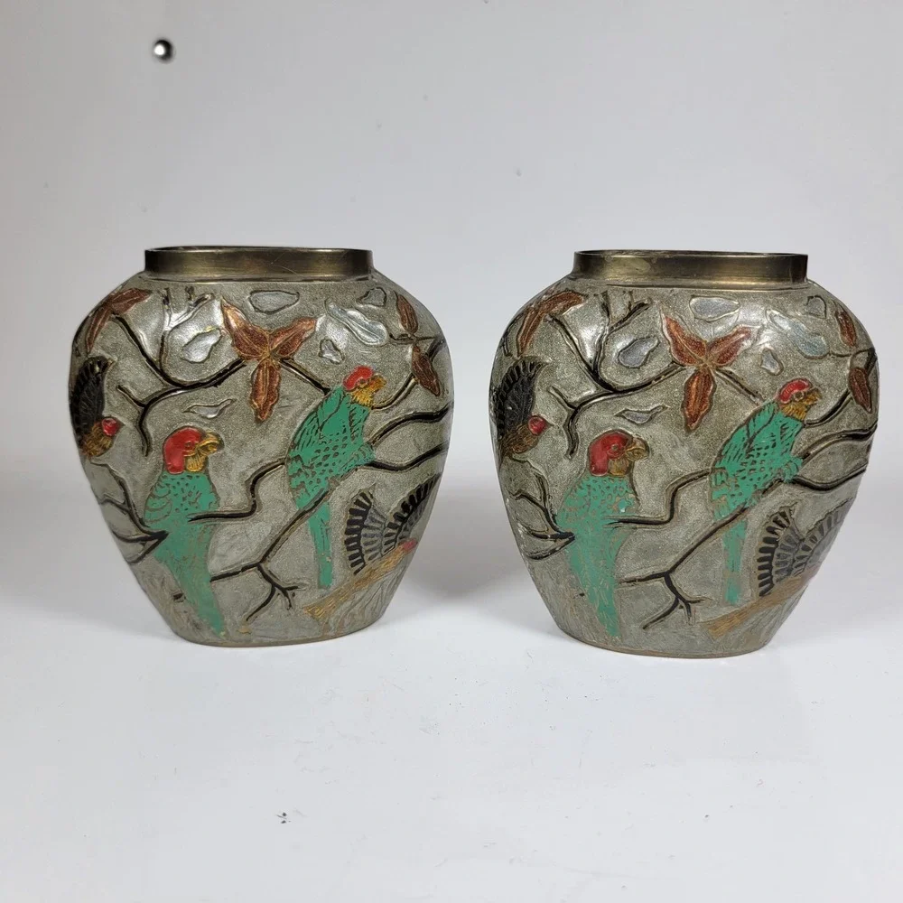 Vintage Brass and Enamel Cloisonné Floral Bud Flat Vase 4.25